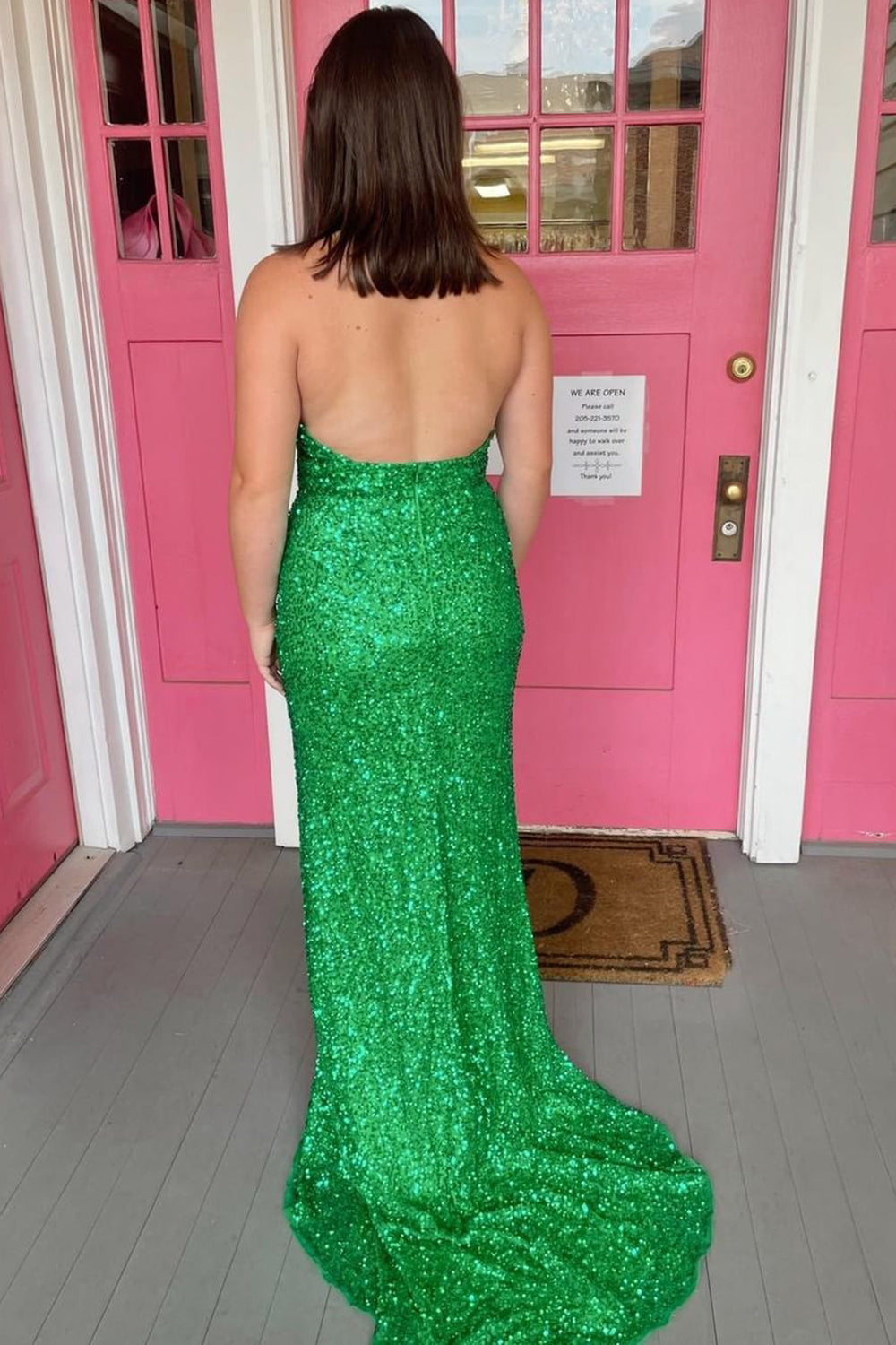 Sheath Deep V-Neck Green Sequins Long Prom Dress with Split Front - View 2 | FashionDia