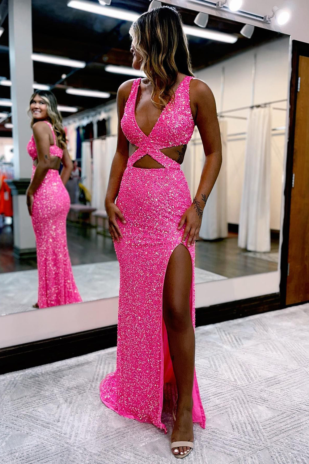 Sheath Deep V-Neck Hot Pink Sequins Long Prom Dresses with Split Front - FashionDia