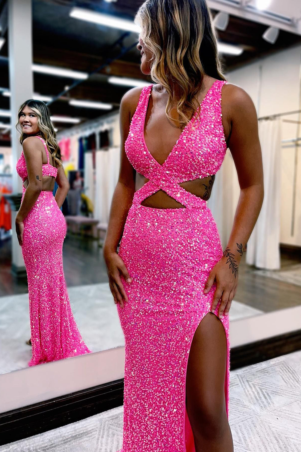 Sheath Deep V-Neck Hot Pink Sequins Long Prom Dresses with Split Front - View 3 | FashionDia