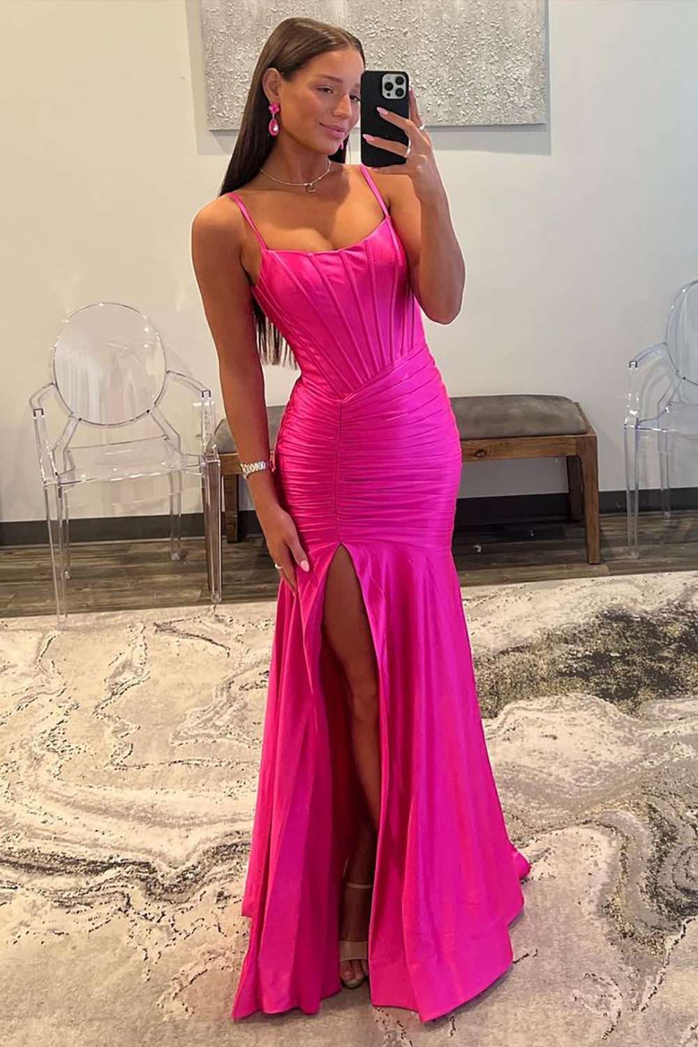 Hot Pink Spaghetti Straps Mermaid Long Satin Prom Dress with Slit - FashionDia