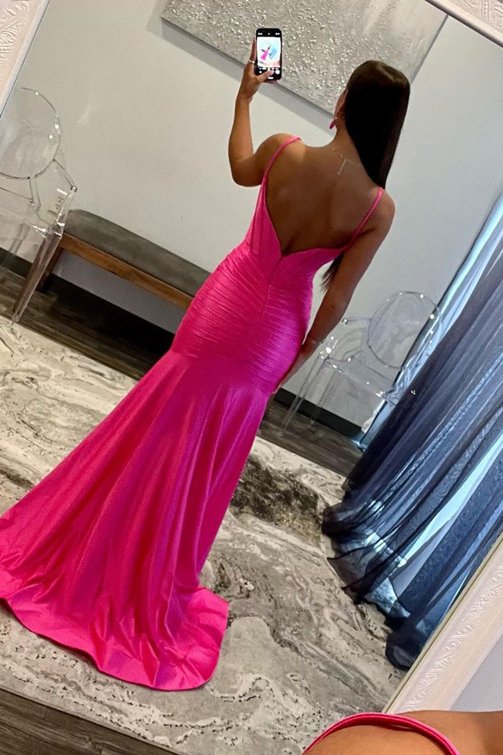 Hot Pink Spaghetti Straps Mermaid Long Satin Prom Dress with Slit - View 2 | FashionDia