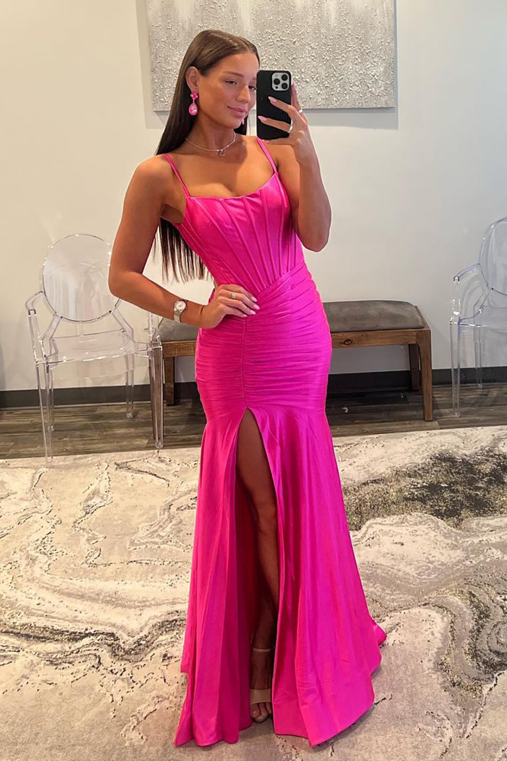 Hot Pink Spaghetti Straps Mermaid Long Satin Prom Dress with Slit - View 3 | FashionDia