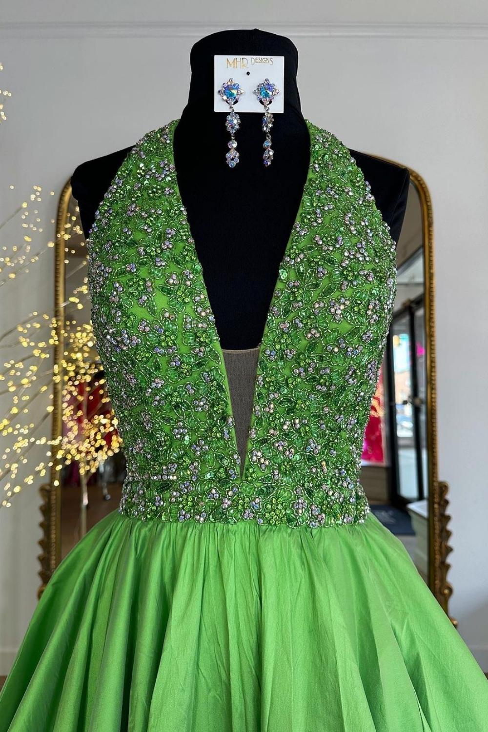 Princess A Line Halter Neck Green Long Prom Dress with Beading