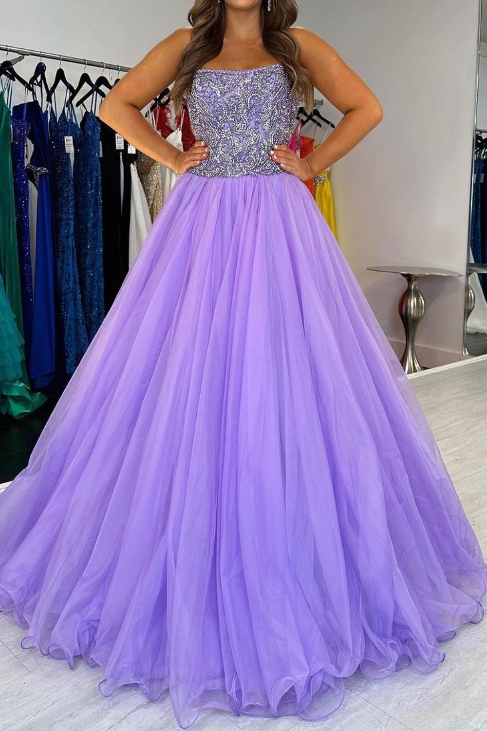 Charming A Line Strapless Purple Tulle Long Prom Dress with Beading - FashionDia