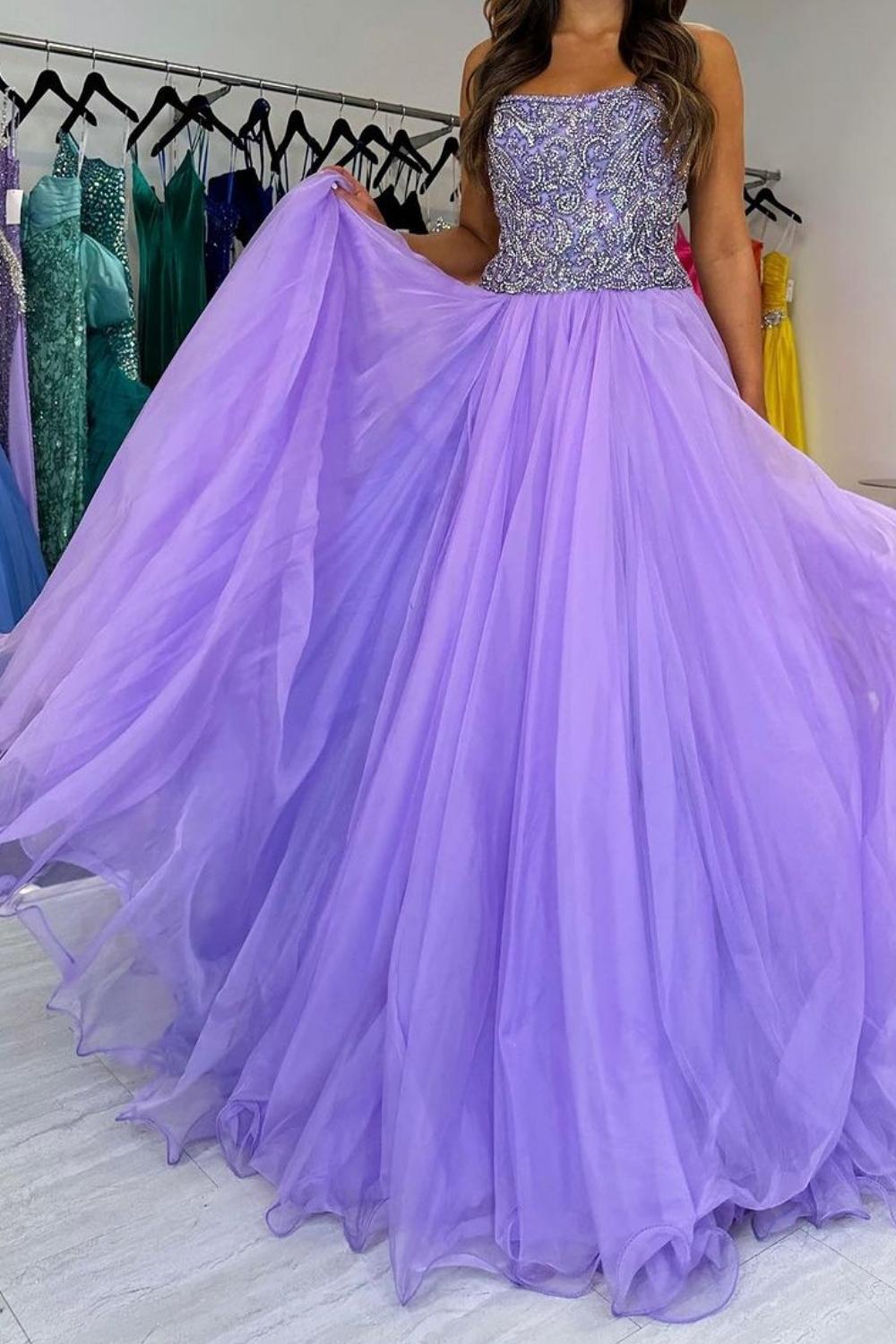 Charming A Line Strapless Purple Tulle Long Prom Dress with Beading