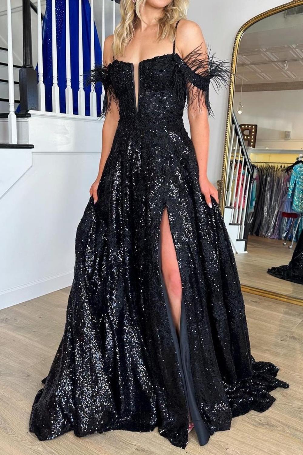 Gorgeous A Line Off the Shoulder Black Sequins with Feather - FashionDia