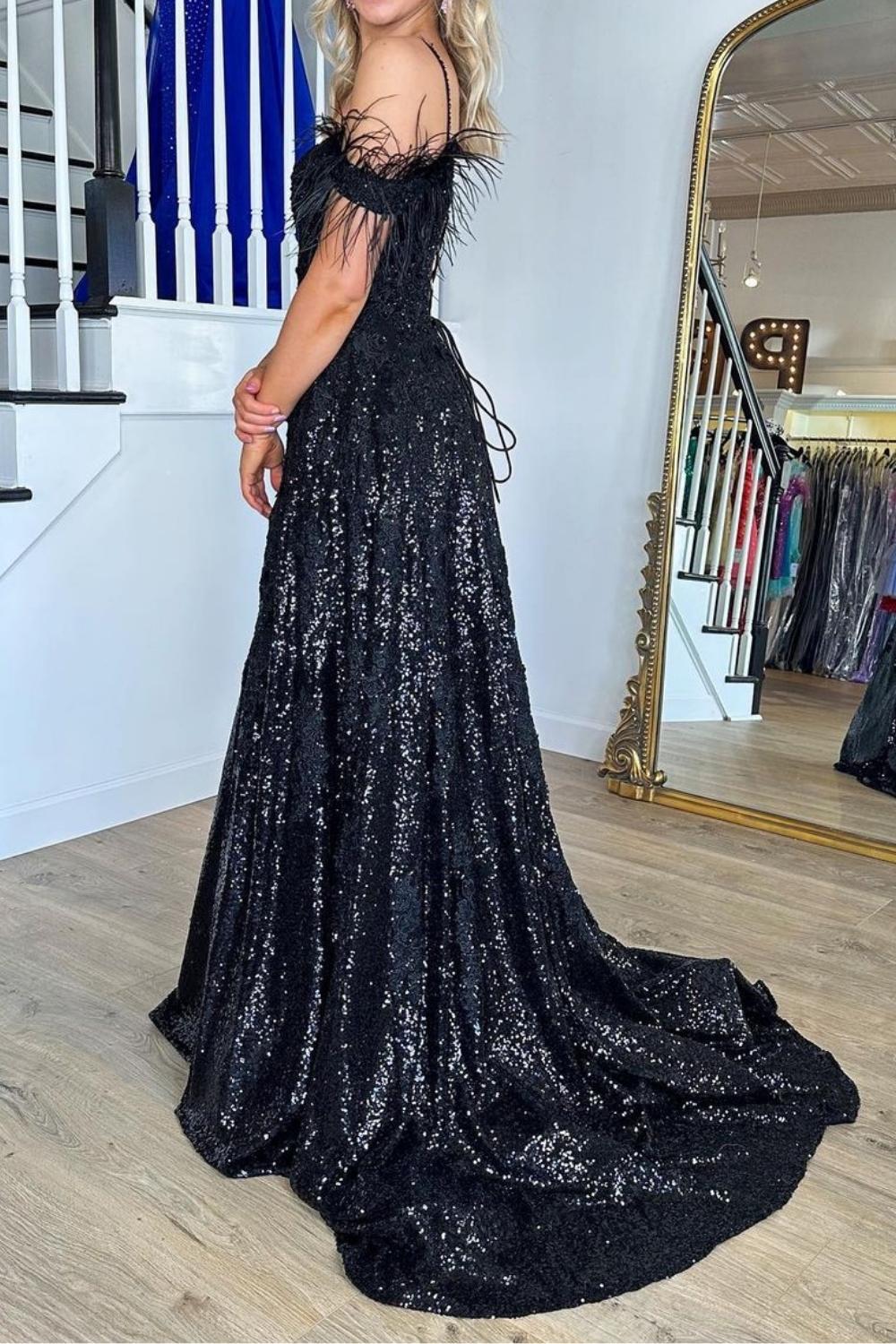 Gorgeous A Line Off the Shoulder Black Sequins with Feather - View 3 | FashionDia