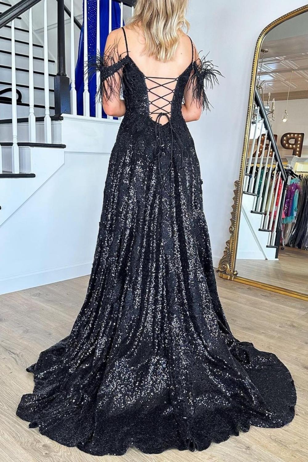 Gorgeous A Line Off the Shoulder Black Sequins with Feather - View 2 | FashionDia