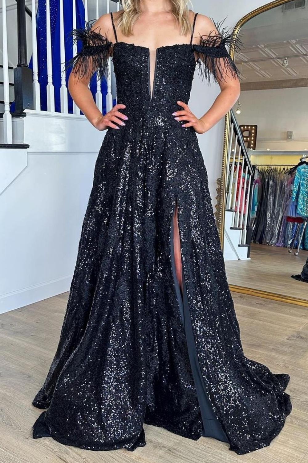 Gorgeous A Line Off the Shoulder Black Sequins with Feather - View 4 | FashionDia