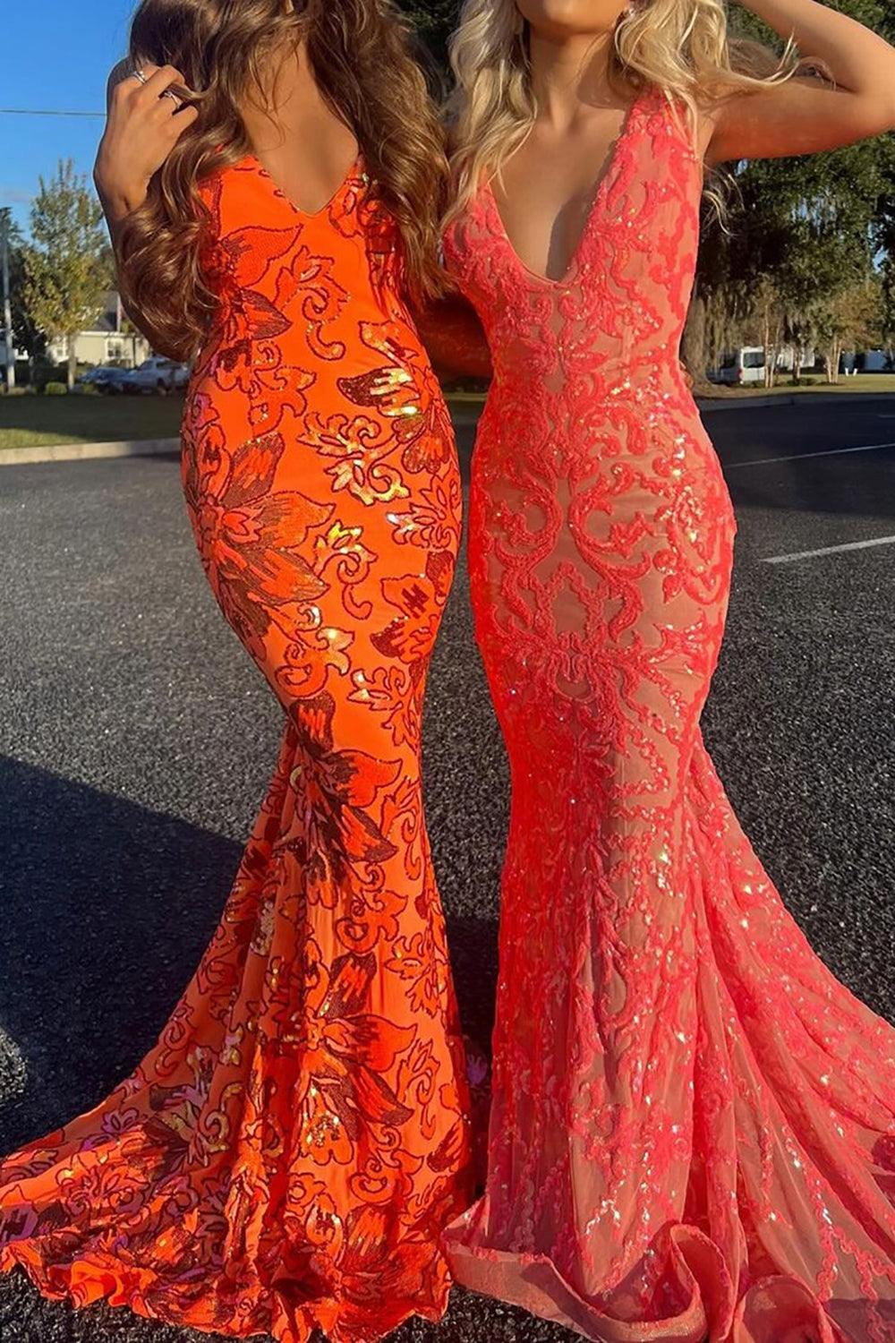 Coral Sparkly Mermaid V-Neck Long Tight Prom Party Dress - View 2 | FashionDia