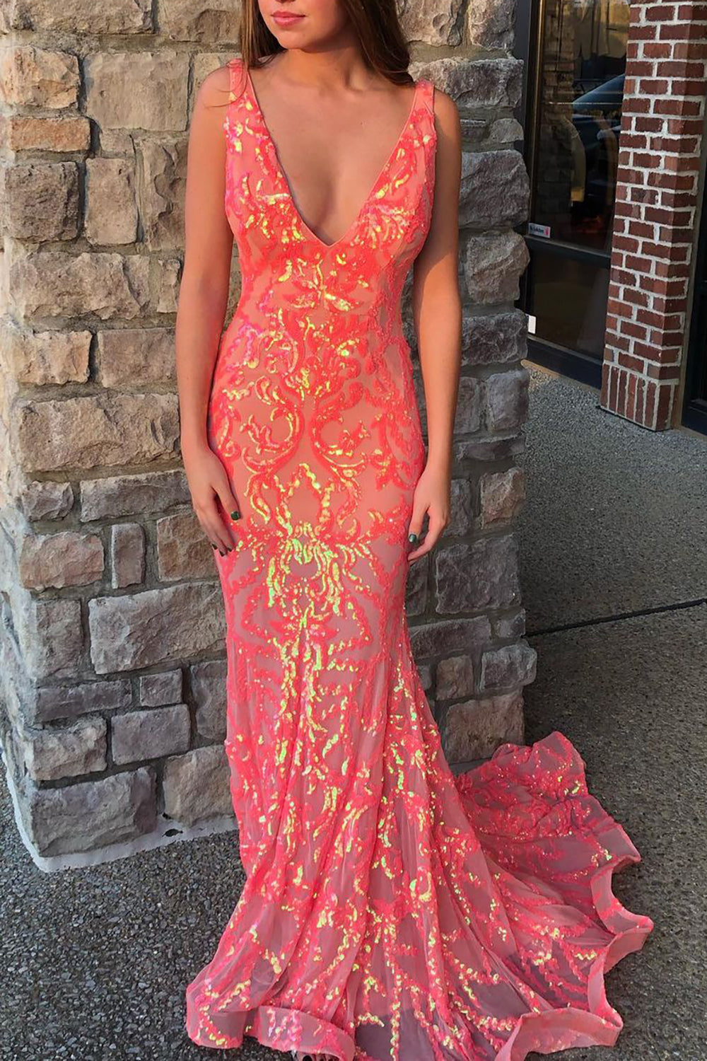 Coral Sparkly Mermaid V-Neck Long Tight Prom Party Dress - View 3 | FashionDia