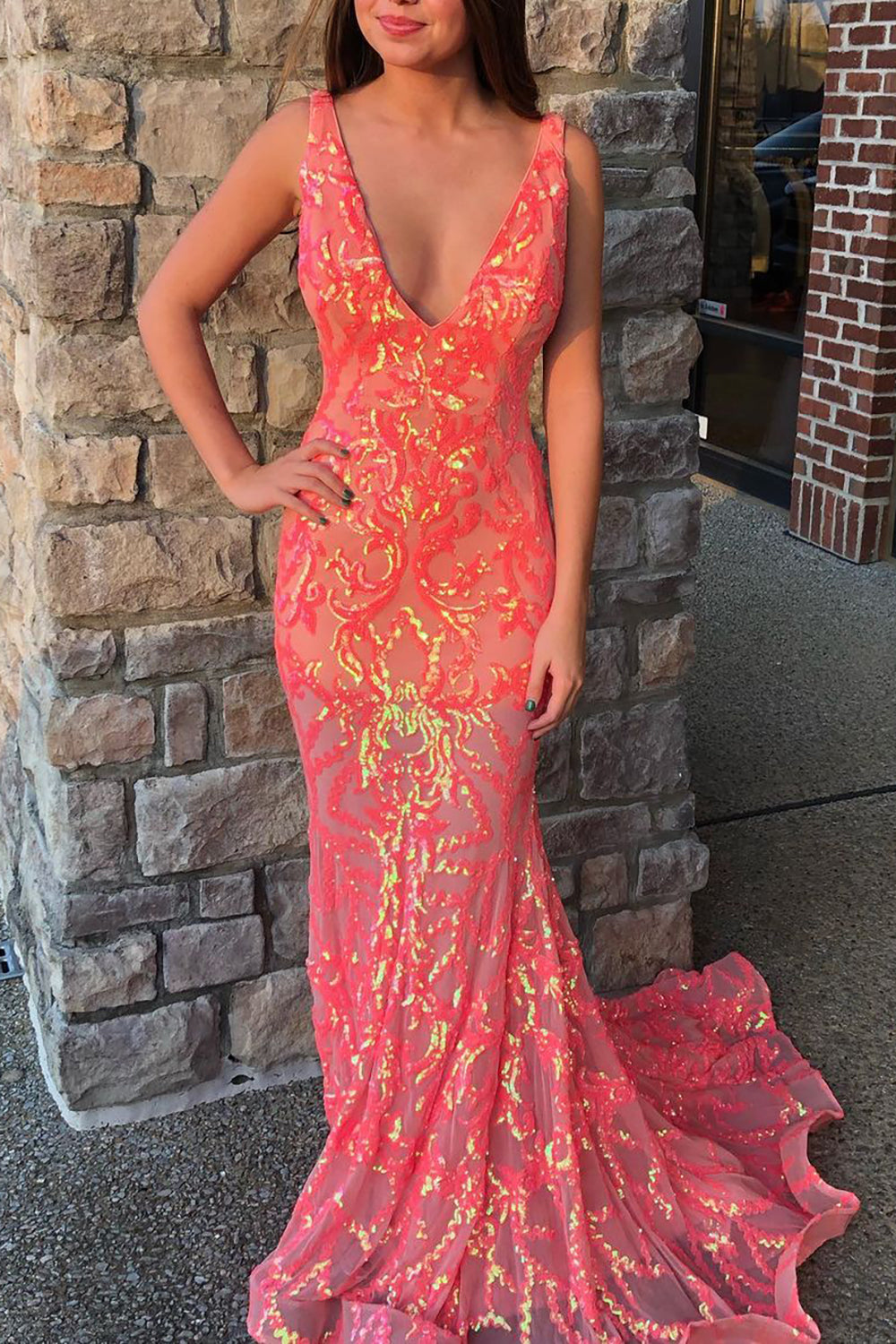 Coral Sparkly Mermaid V-Neck Long Tight Prom Party Dress - FashionDia