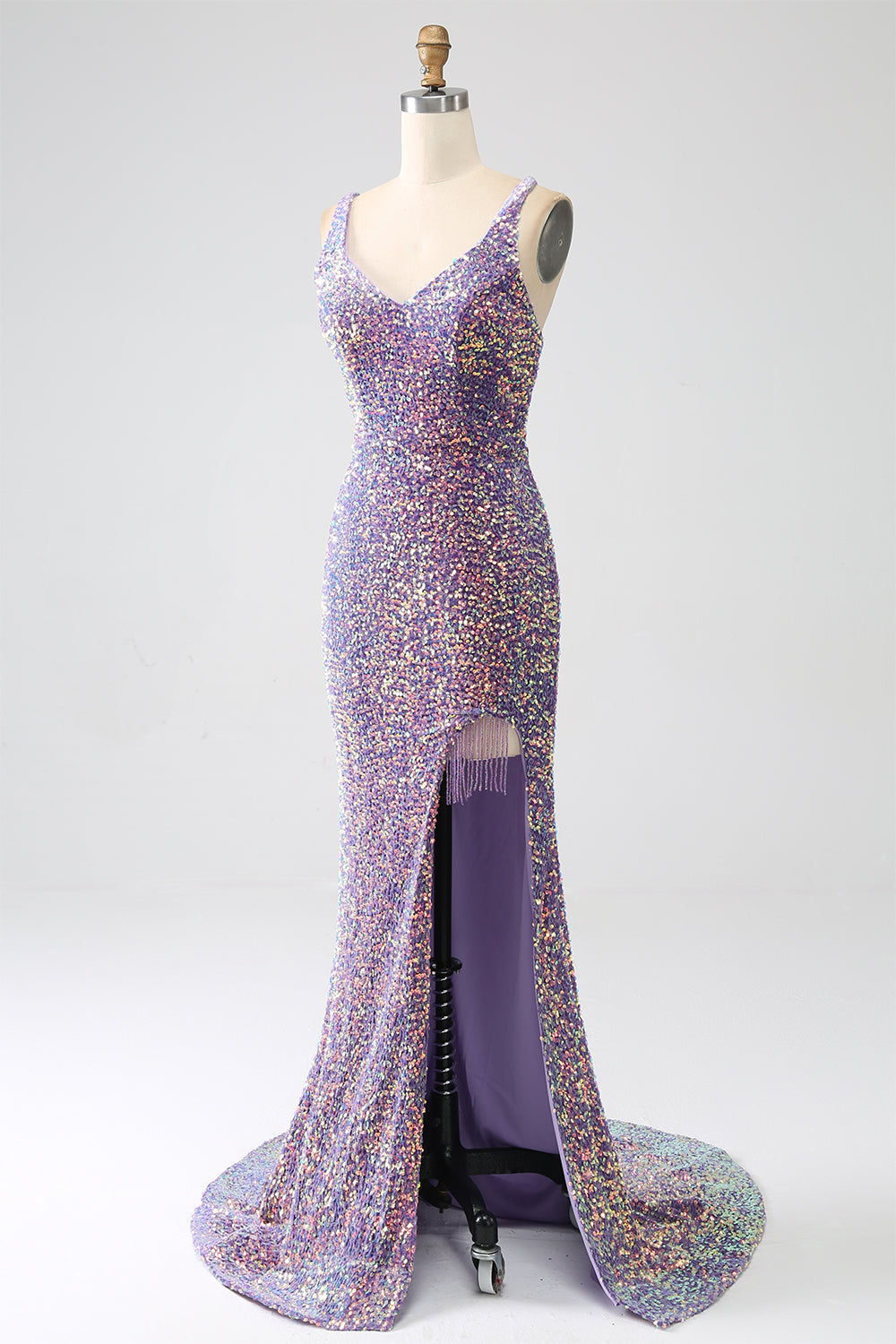 Sparkly Light Purple Lace-Up Back Long Sequin Prom Dress with Fringe