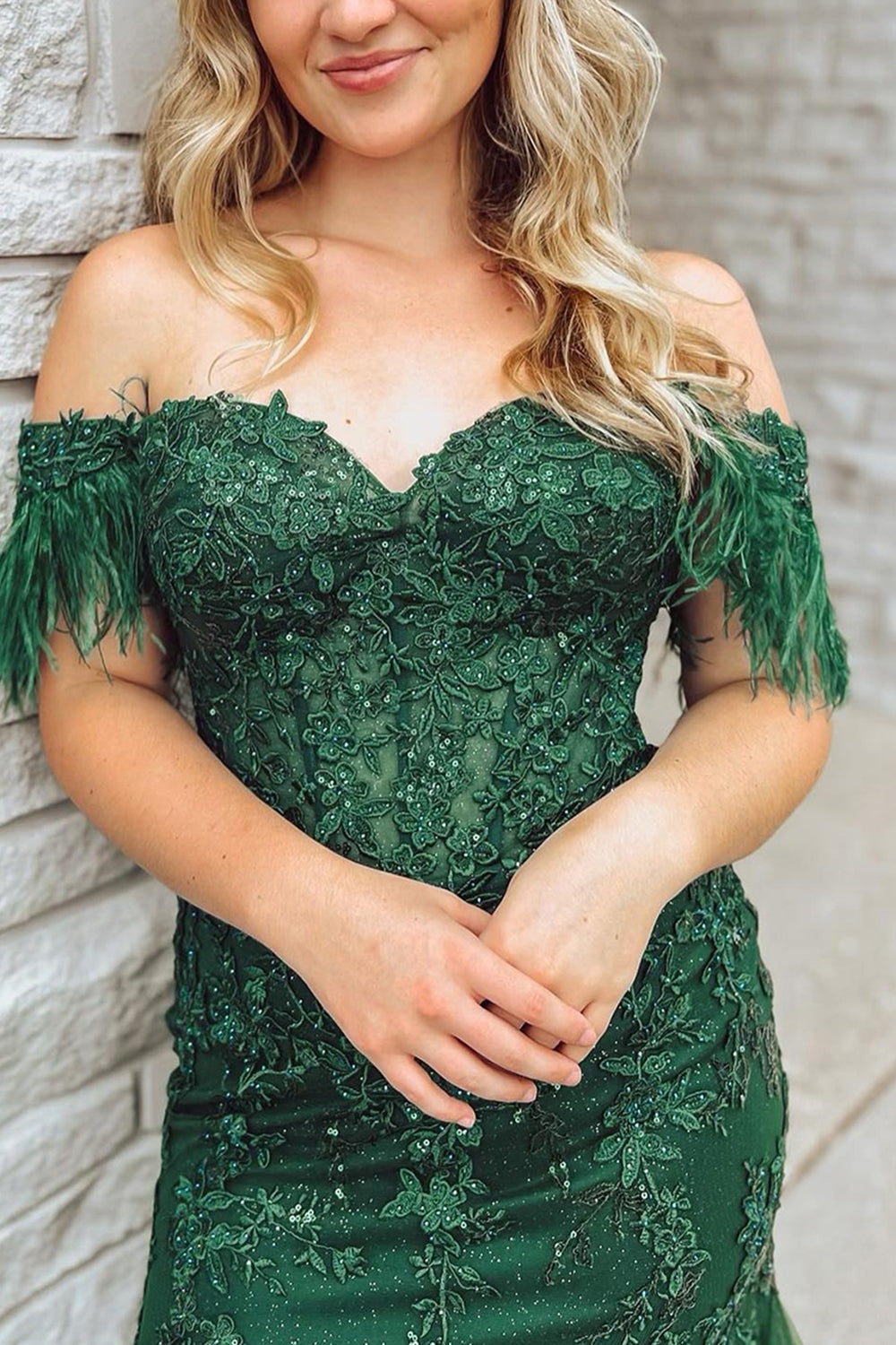Dark Green Mermaid Off-the-Shoulder Long Corset Prom Dress With Appliques