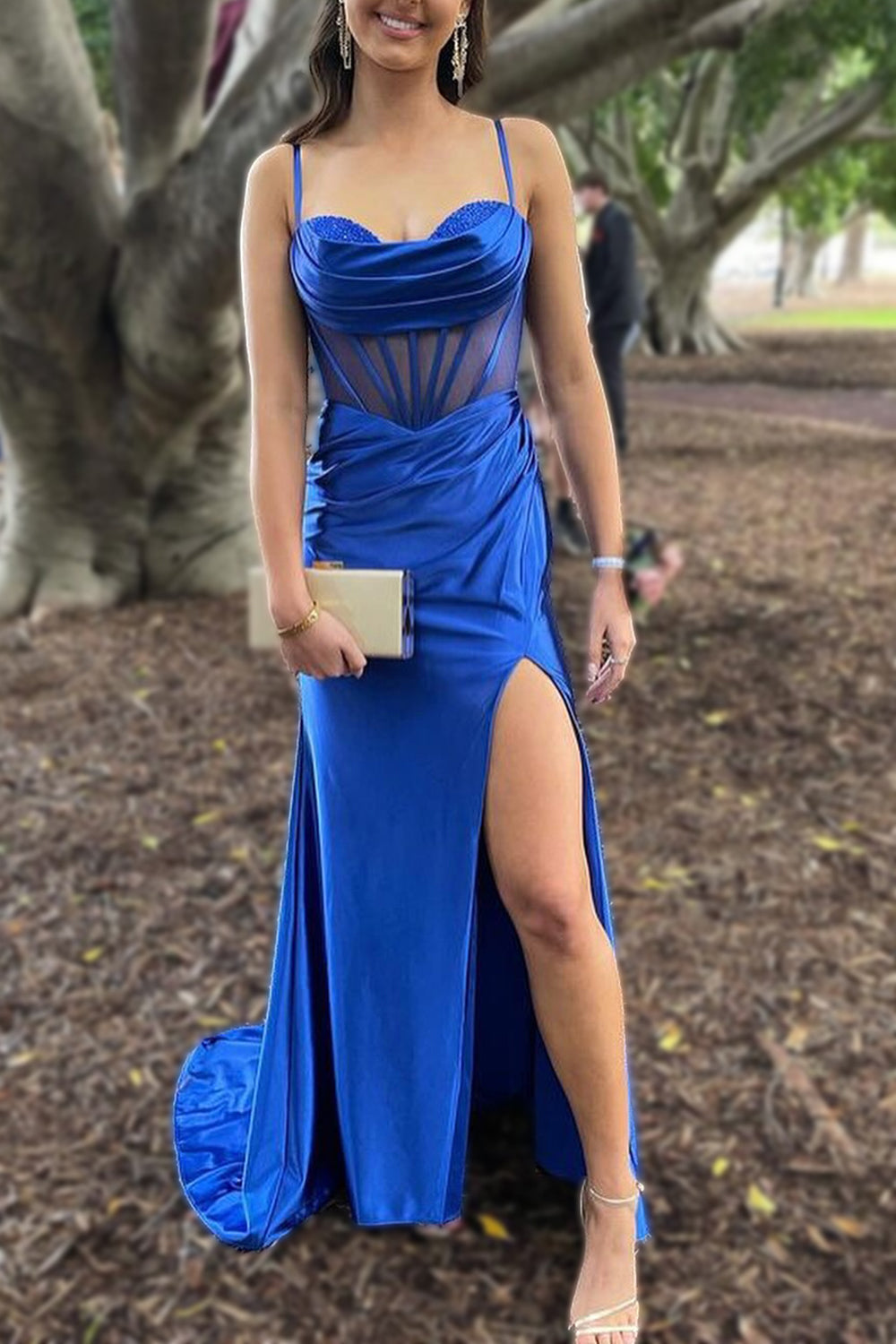 Royal Blue Mermaid Lace Up Long Satin Prom Dress With Split