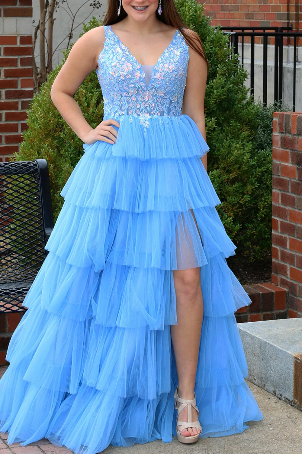 Blue A Line V-Neck Long Tiered Prom Dress with Slit And Appliques - FashionDia