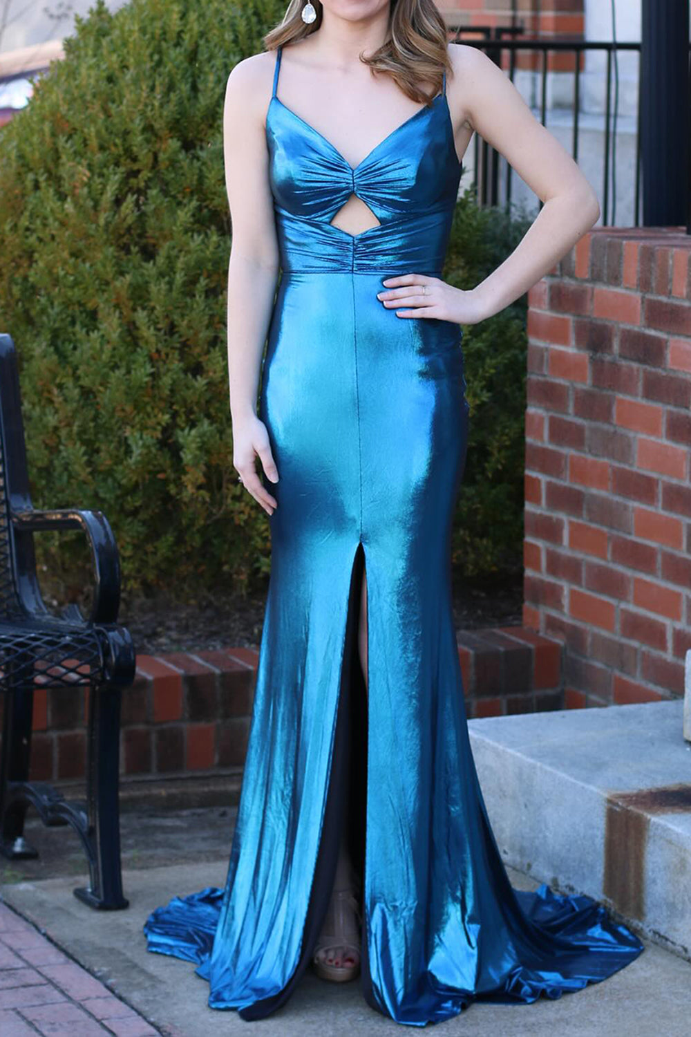 Dark Blue Mermaid Keyhole Back Long Satin Prom Dress With Slit - FashionDia