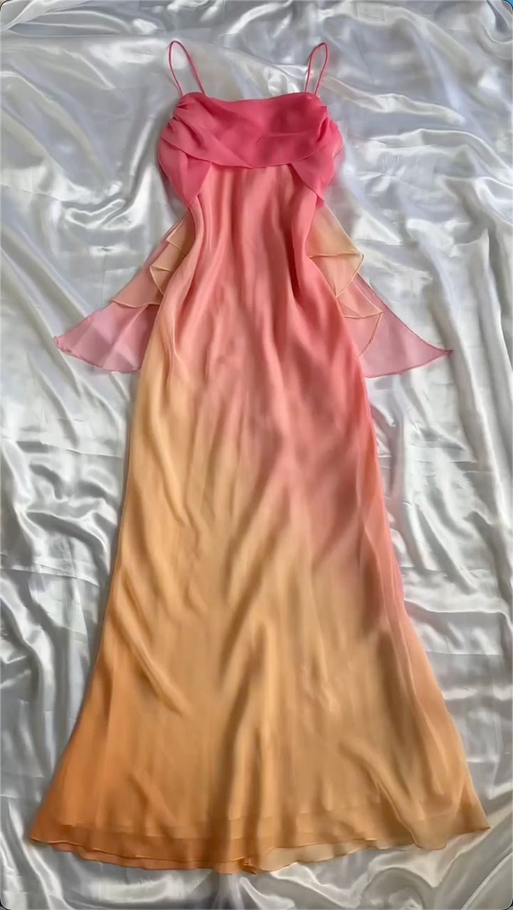 Pretty Spaghetti Straps Ombre Orange Chiffon Prom Dress Party Gown - FashionDia