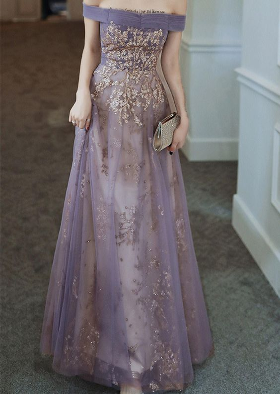 Dreamy Purple Prom Dress Off-the-Shoulder Evening Dress Elegant Long Banquet Dress Sleeveless Party Dress Girl Graduation Dress - FashionDia