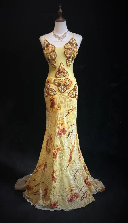 Gorgeous Yellow Spaghetti Straps Satin Beaded Mermaid Party Dress Long Prom Gown - FashionDia