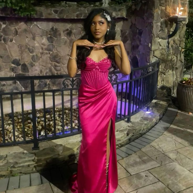 Cute Hot Pink Mermaid Slit Prom Dress Pleated Party Evening Dress - View 4 | FashionDia