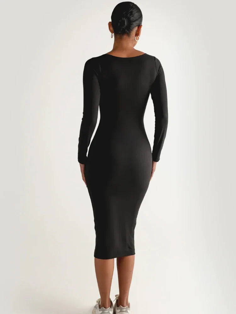 Classics Solid Collar Longsleeved Vintage Bodycon Dress