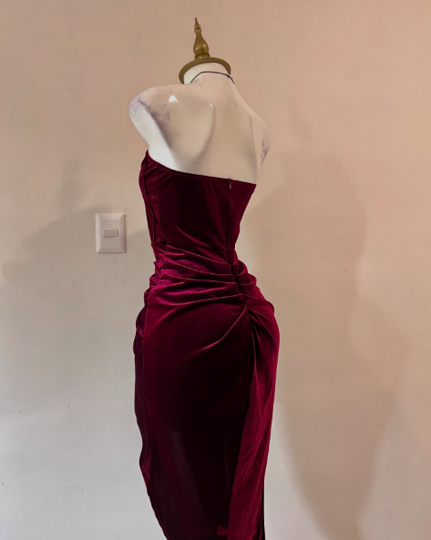 Sexy Strapless Slit Party Dress Burgundy Birthday Dress
