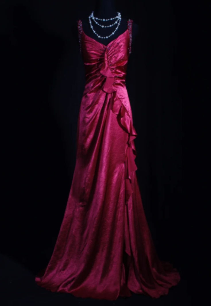 Pretty V-Neck Hot Pink Satin Pleated Beaded Ruffles Mermaid Evening Dress Long Prom Dress - FashionDia