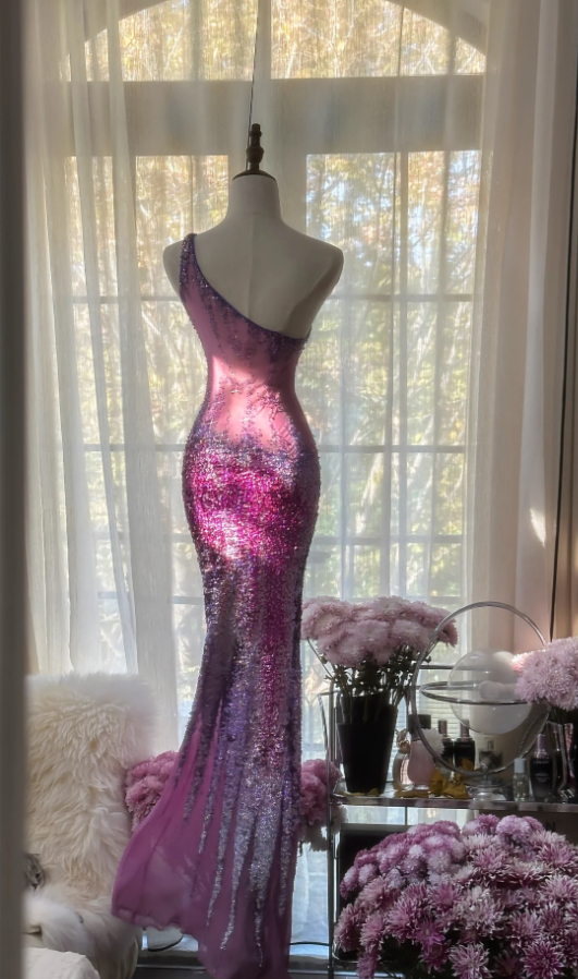 Glamorous Ombre Purple One-Shoulder Chiffon Sequin Beaded Mermaid Long Evening Dress Birthday Party Dress - View 5 | FashionDia