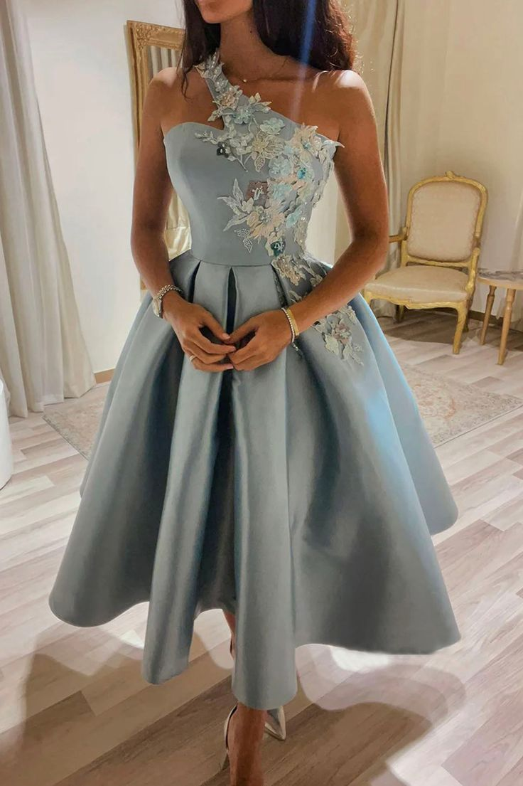 Cute One-Shoulder Satin Lace Short Prom Dress, A-Line Party Dress - FashionDia