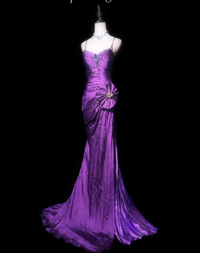 Sexy Spaghetti Straps Purple Satin Pleated Mermaid Long Prom Dress Evening Gown - FashionDia