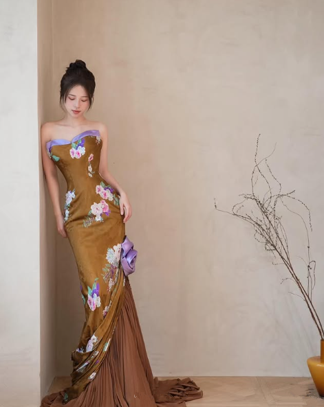 Vintage Satin Print Floral Mermaid Prom Dress,Strapless Long Party Evening Dress - FashionDia