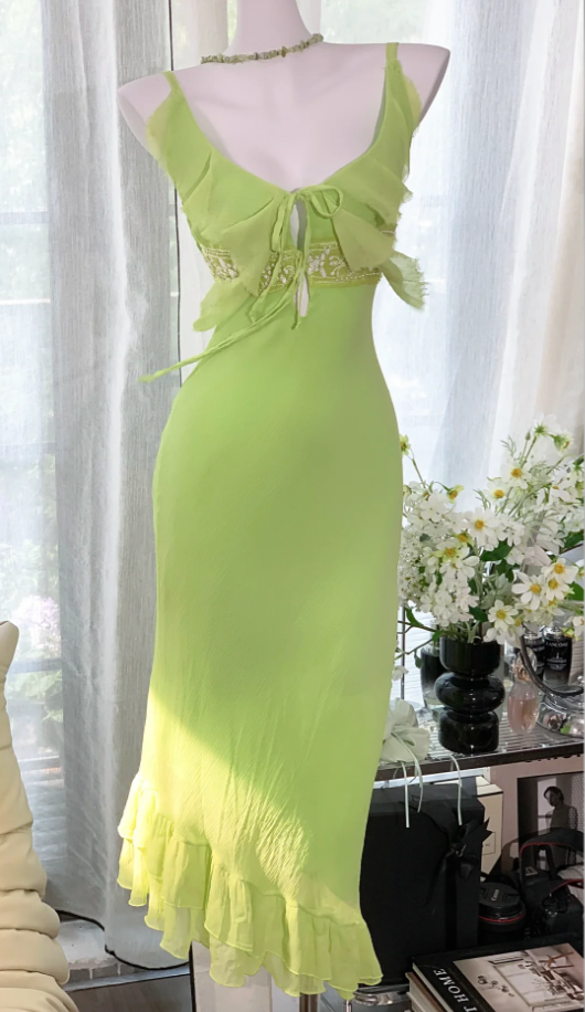 Classy Spaghetti Straps V Neck Green Chiffon Beaded Ruffles Long Party Dress Birthday Outfits