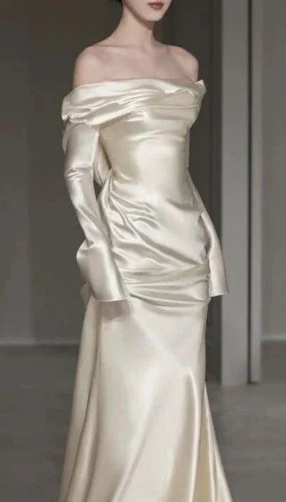 Classy Off-The-Shoulder Satin Wedding Dress Y4607 by simplepromdress