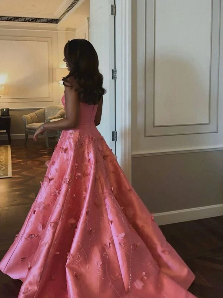 Gorgeous Pink Sweetheart Neck Satin Sequin Appliques Long Prom Dress Birthday Party Dress