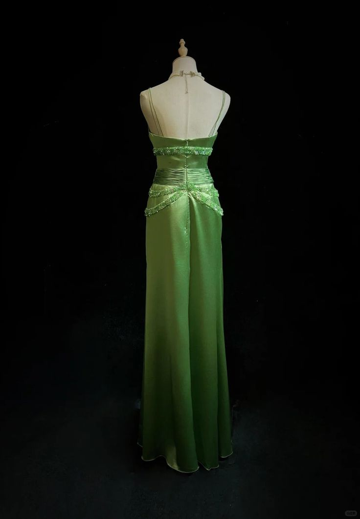 Vintage Green Satin Beaded Party Prom Dress,Spaghetti Strap Evening Dress - View 4 | FashionDia