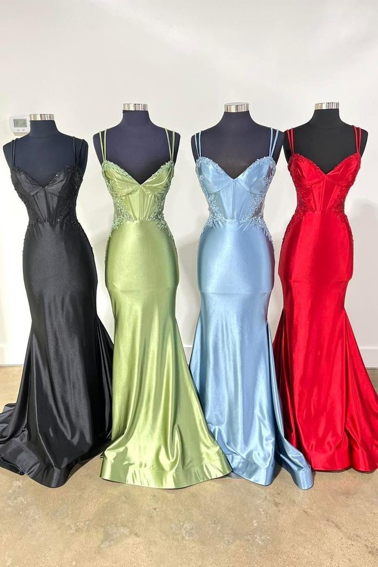 Fashion Spaghetti Straps Appliques Beaded Mermaid Evening Dress V Neck Party Gown