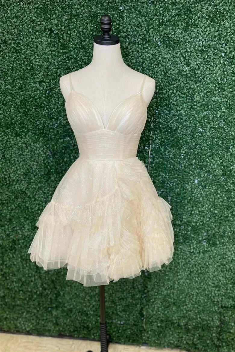 Ivory Straps A-line Short Ruffles Homecoming Dress Y2778 by simplepromdress