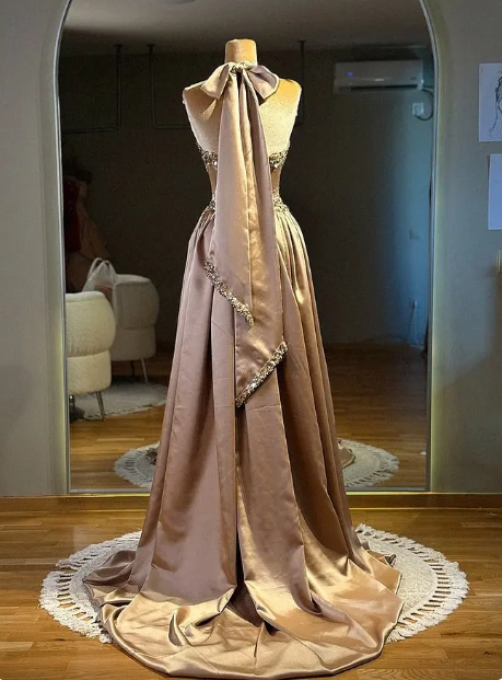 Gorgeous Halter Satin Beaded Long Evening Dress Birthday Party Dress - View 3 | FashionDia