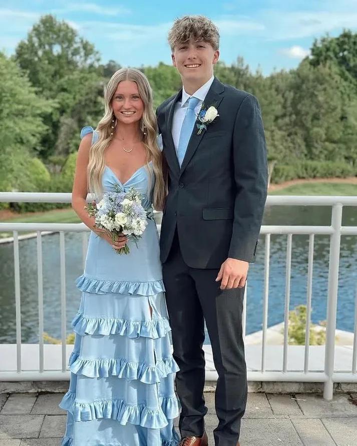 Elegant Blue Ruffles A-Line Prom Dress Formal Slit Party Evening Dress - FashionDia