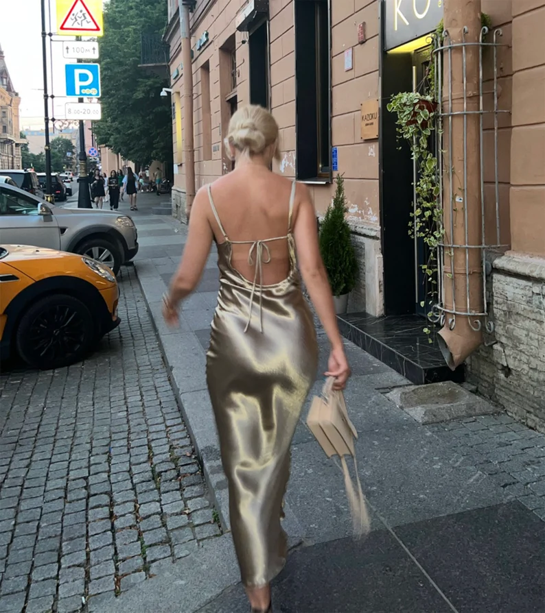 Glossy Open Back Shiny Backless Satin Prom Dress Elegant Cowl Neckline Party Ruched Side Women Midi Dress - View 2 | FashionDia