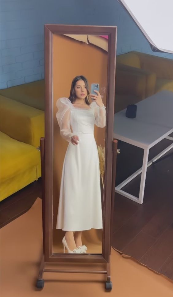 Vintage White Puff Sleeve Wedding Dress,White Engagement Dress