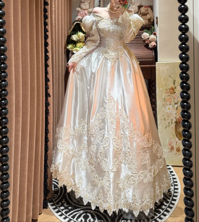 Charming White Off-the-Shoulder Satin Beaded Appliques Ball Gown Long Wedding Dress - FashionDia