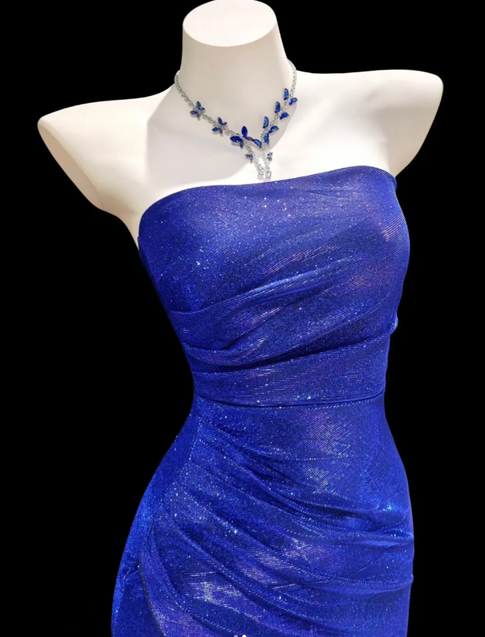 Shiny Strapless Royal Blue Satin Sequin Slit Mermaid Evening Dress Long Party Gown - View 2 | FashionDia