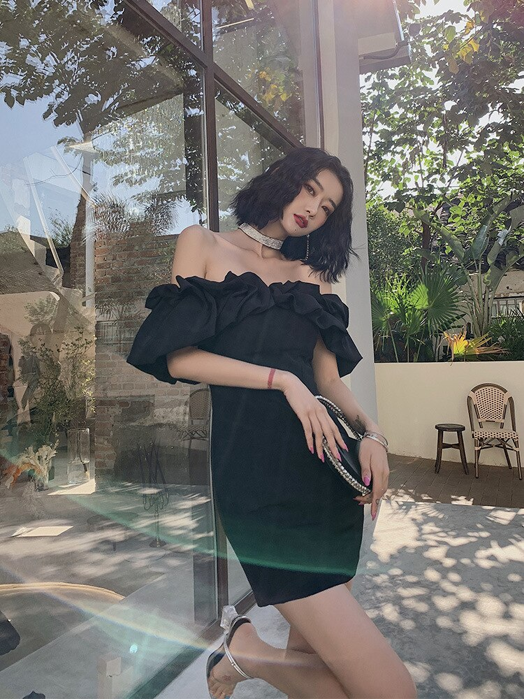 Black White Women Short Dress Pretty Mini Party Dress Ruffules Neckline Homecoming Dress - View 2 | FashionDia