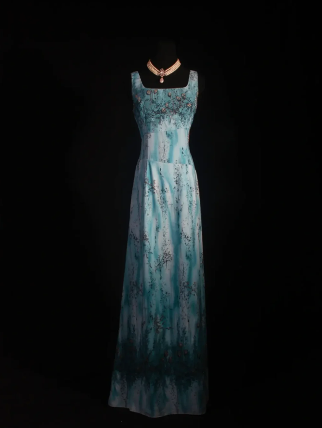 Vintage Square Neck Blue Chiffon Beaded Long Prom Dress Birthday Party Dress