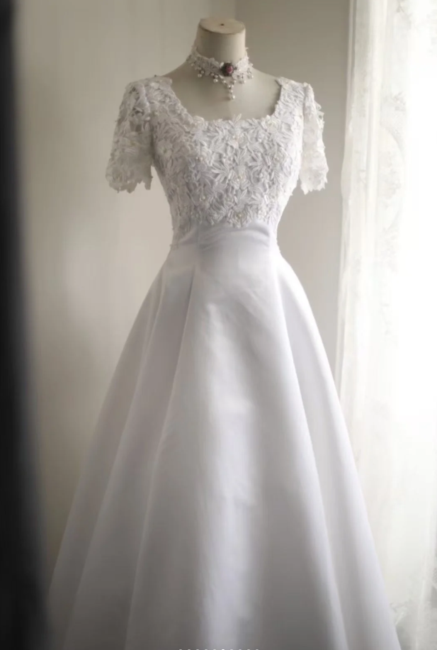 Classy Lace Appliques Satin A-Line White Long Wedding Dress - View 2 | FashionDia