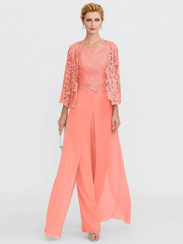 3 Piece Chiffon Square Neck Mother of the Bride Pantsuits with Jacket