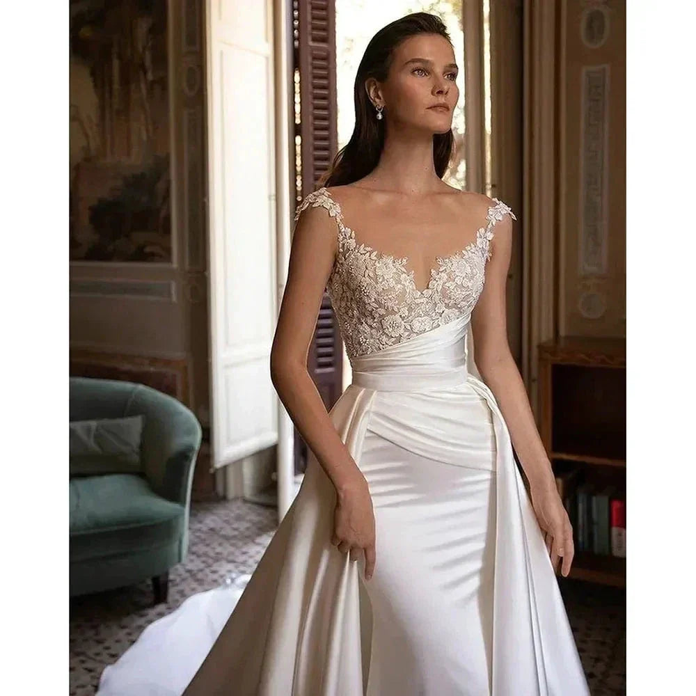 Wedding Dress Stain White Appliques Court Train Pleated Sweetheart Pleat Elegant Vestidos De Fiesta Elegantes Para Mujer 2023 (ZD13549)