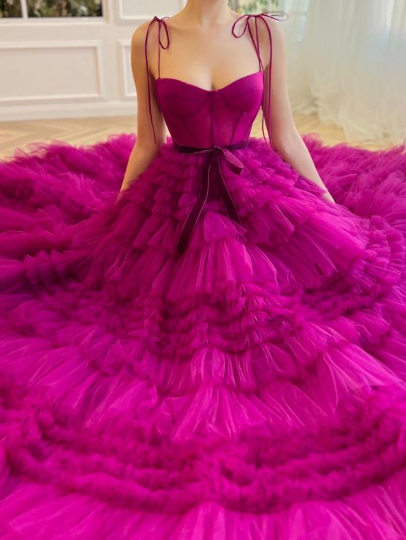 Strapless A Line Fuchsia Tiered Long Prom Dress - Fashionpara